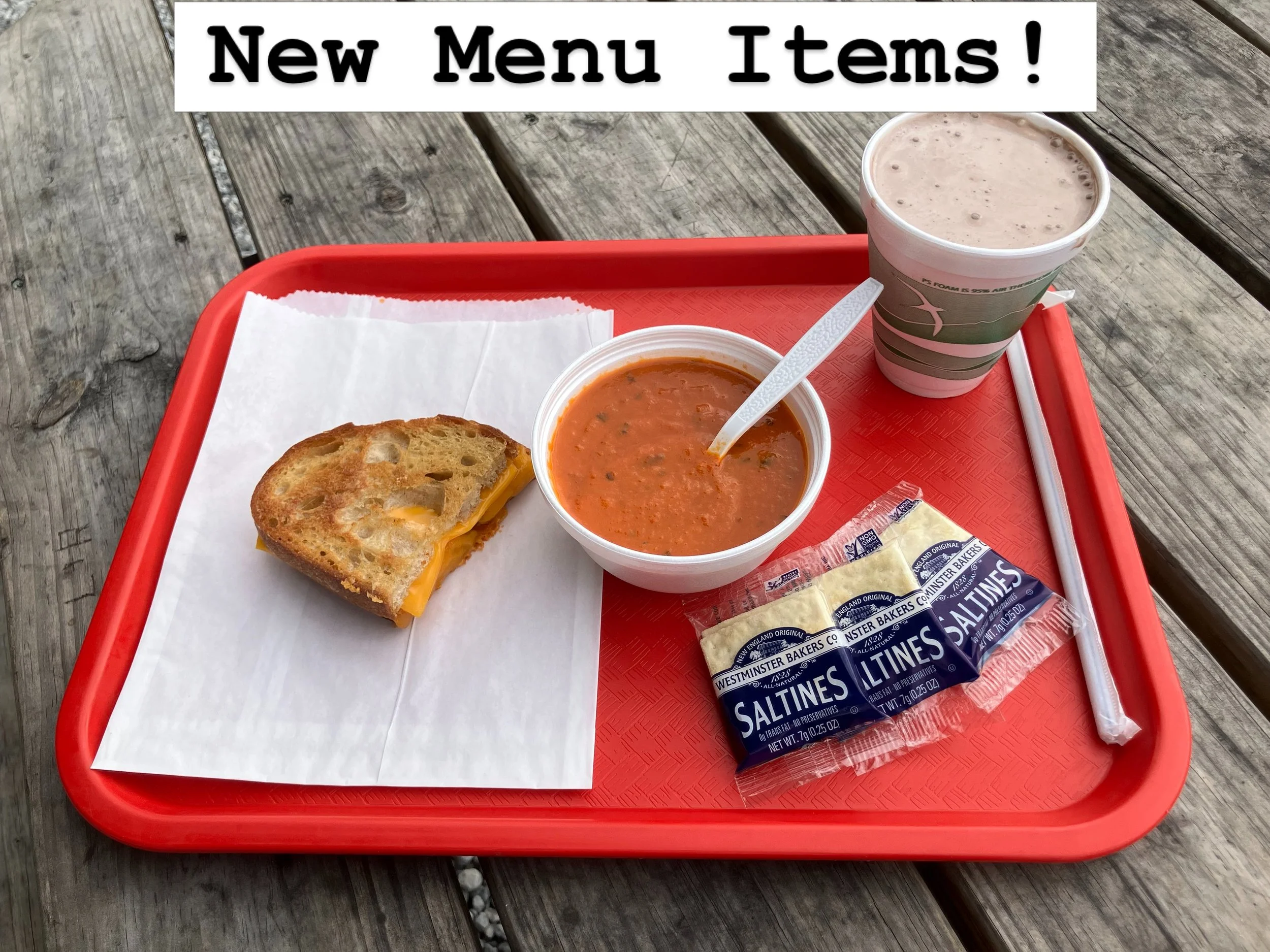 We have Sourdough Grilled cheese and Tomato Bisque (soup)! Check them out, we love them together!  Open 11-9 Tues-Sun ~We will be closing Mondays starting in October~