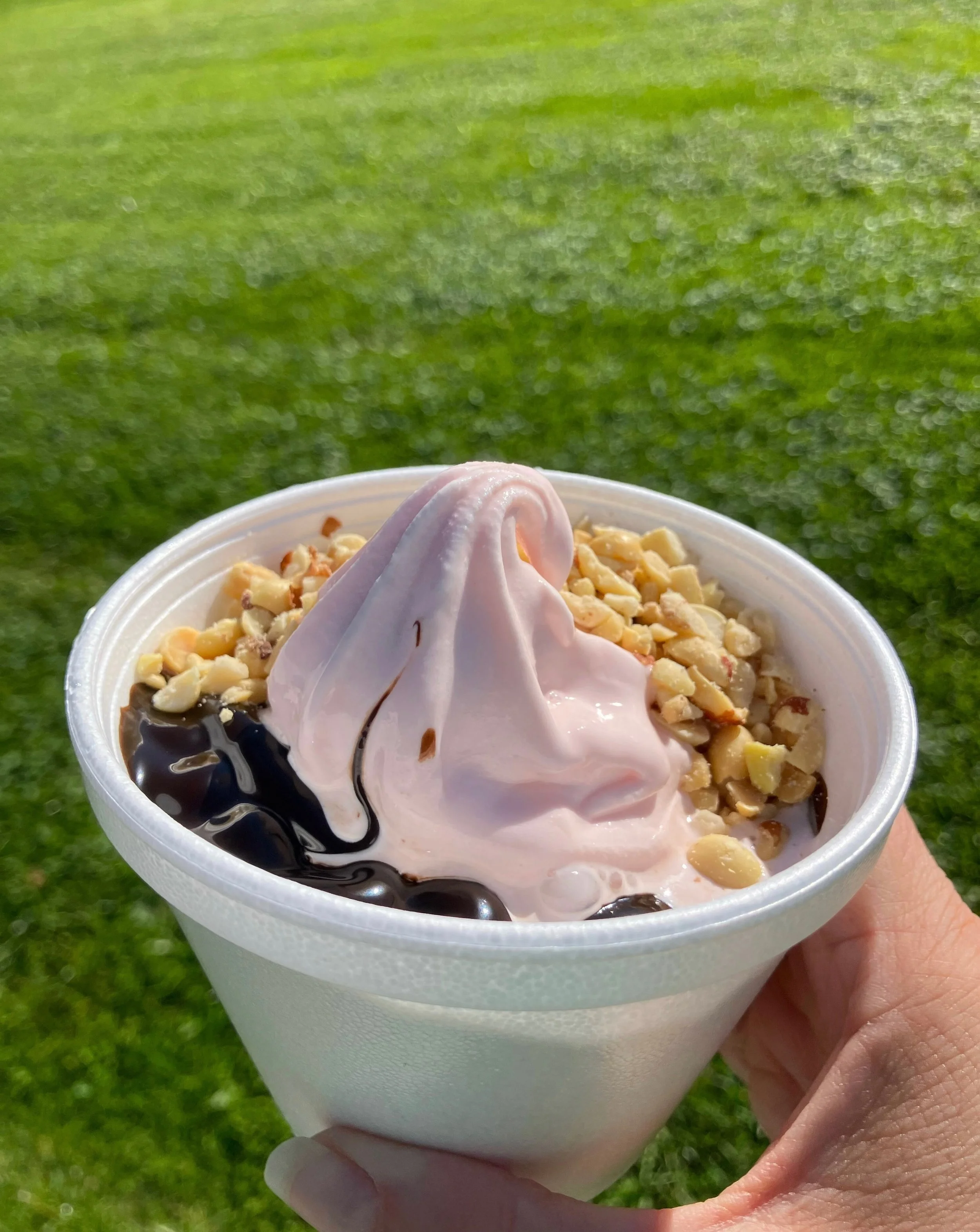 🍓🍨 Stop by this week for Strawberry soft-serve! Did you know you can make any of our sundaes and swirls with our third flavor? Try a hot fudge sundae with strawberry ice cream and customize with nuts, whipped cream, and a cherry on top.

Note: this
