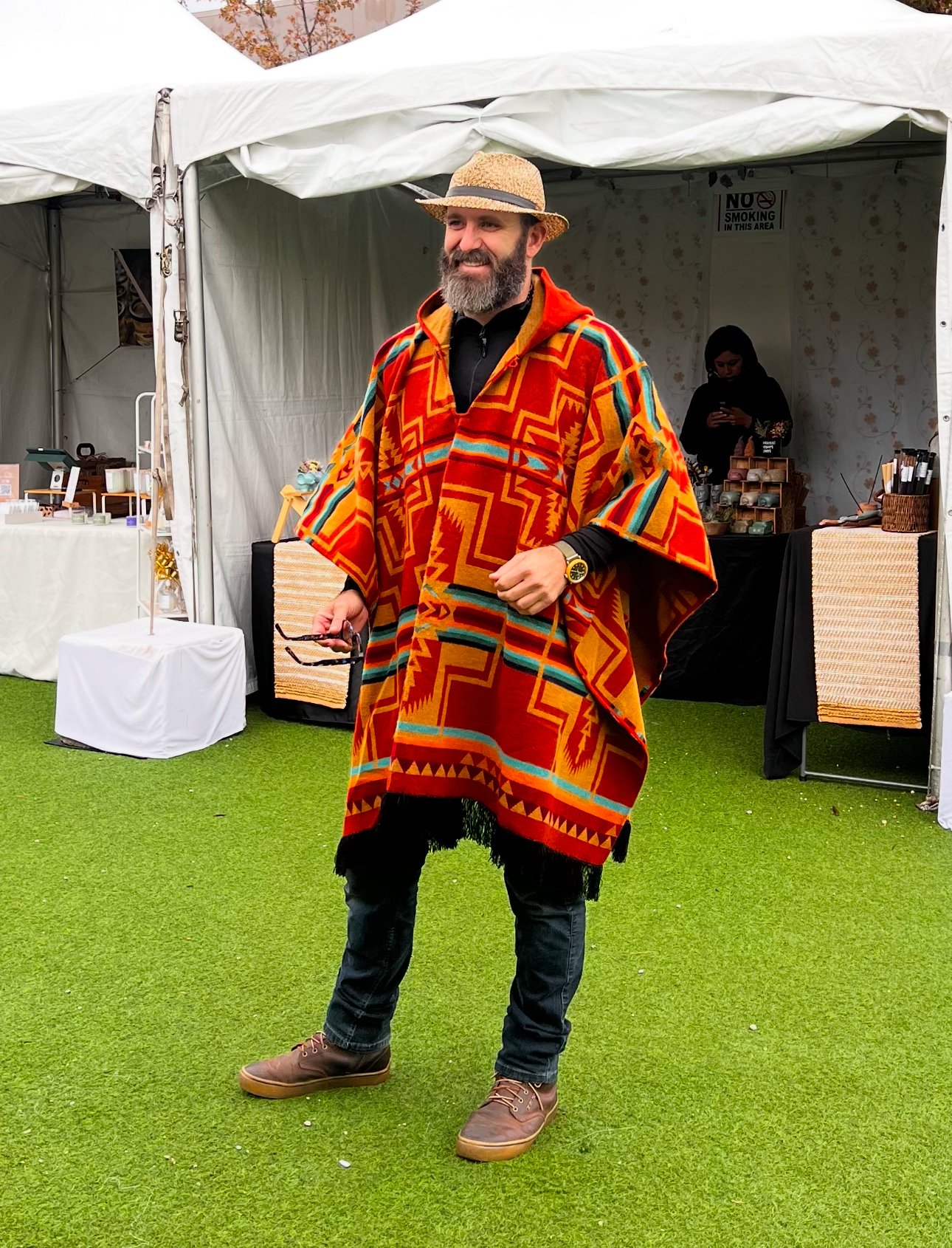 Handmade jacket crafted from repurposed materials with unique patterns and ethical design