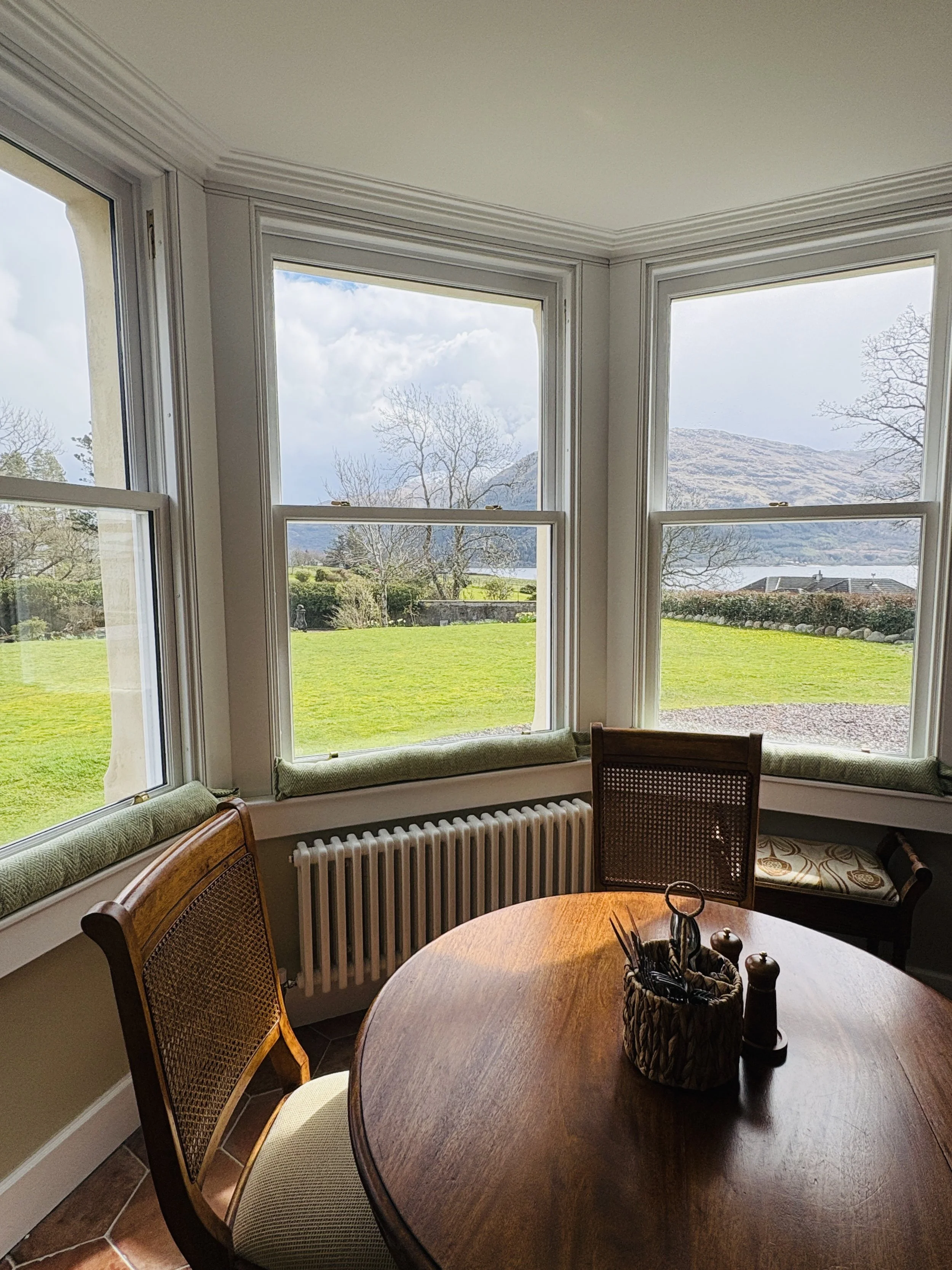 Views of the hills around Loch Linnhe looking out from the bay windows in the dining room.