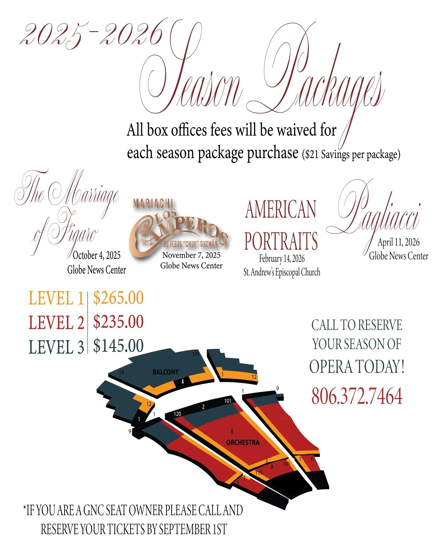 Season packages are here! Secure your favorite seat for every performance and skip the box office fees. This season is one for the books&mdash;you will not want to miss a note. 

You can purchase your tickets by calling the office at 806.372.7464

#A