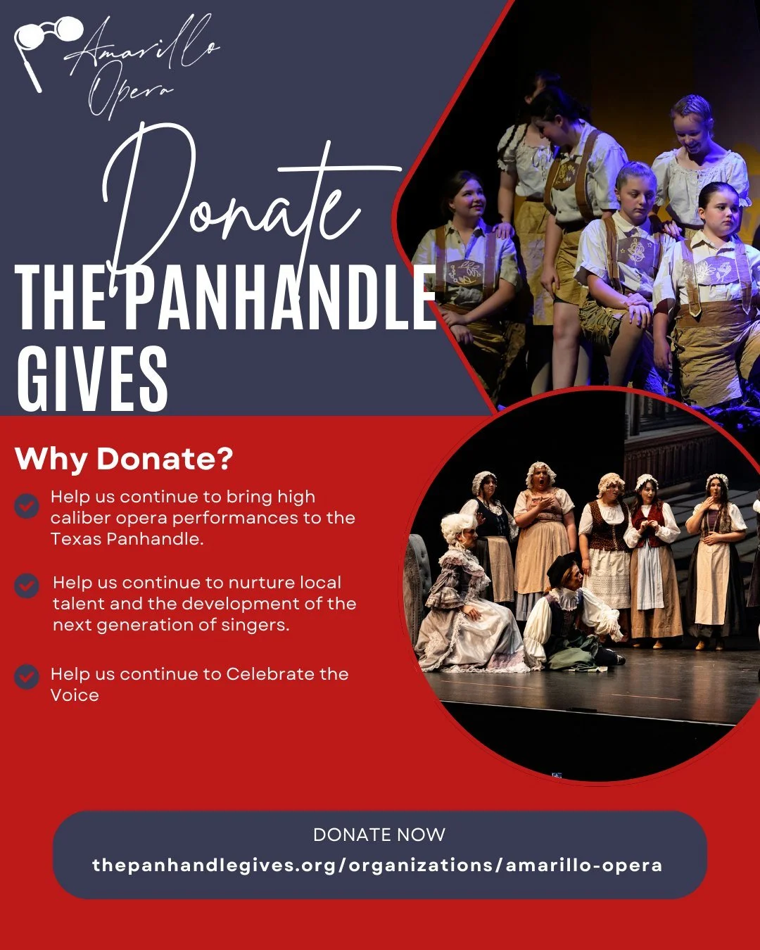 Celebrate the Voice. Amplify the Impact.
Give to Amarillo Opera through The Panhandle Gives and your donation goes even further, helping us bring exceptional opera to the Panhandle.

#thepanhandlegives #AmarilloOpera #ThePanhandleGives #AmarilloArts