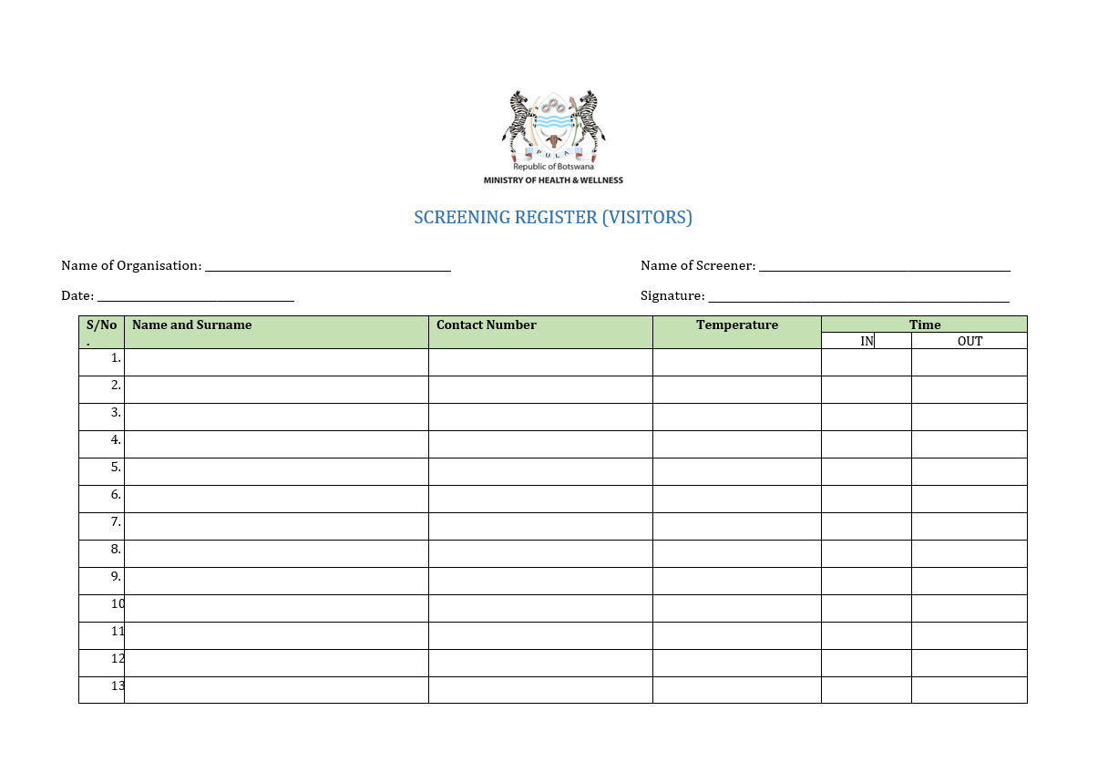 Physical COVID-19 visitor screening register used before digital check-ins