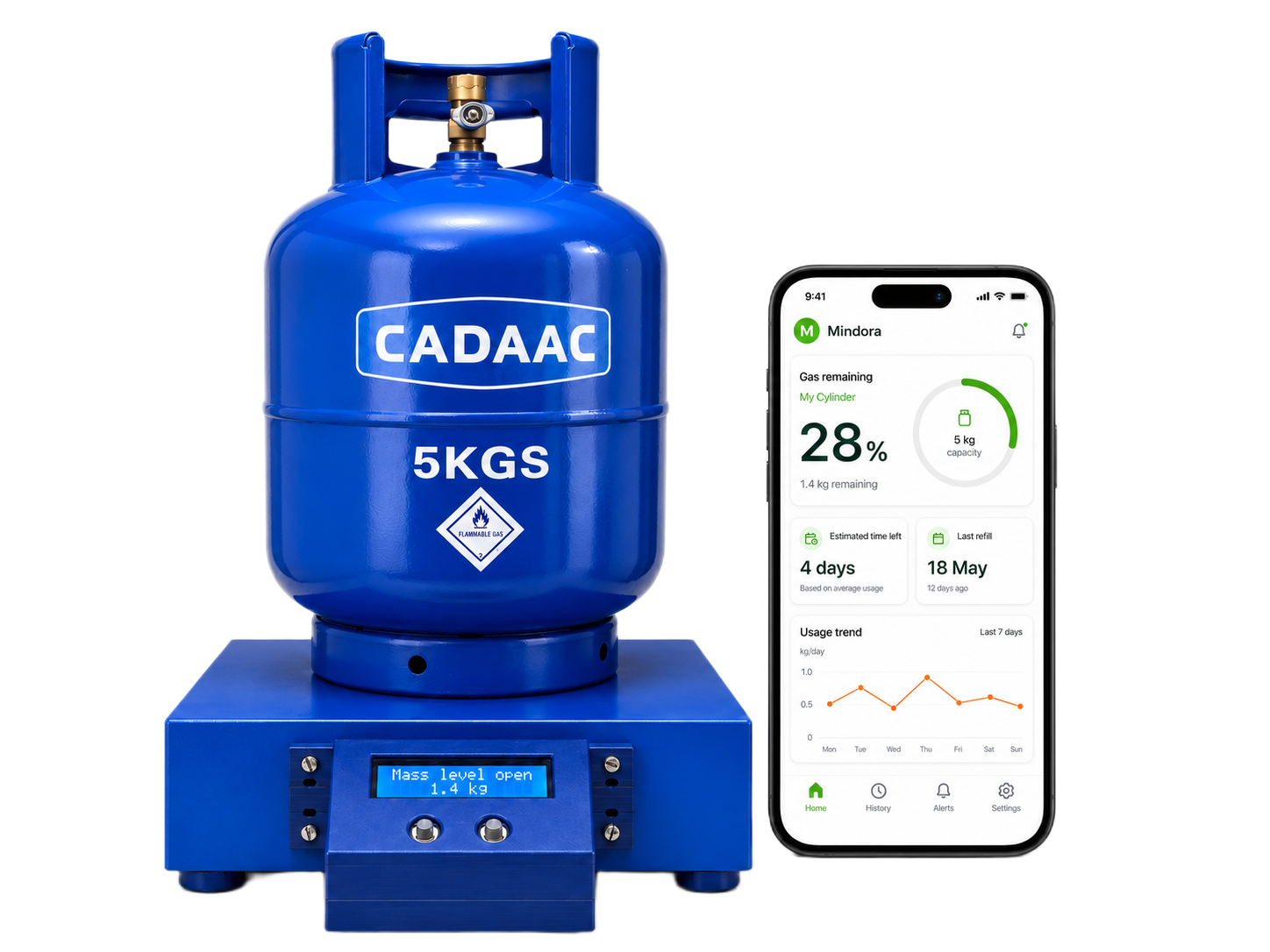 Mindora smart LPG gas scale with mobile dashboard