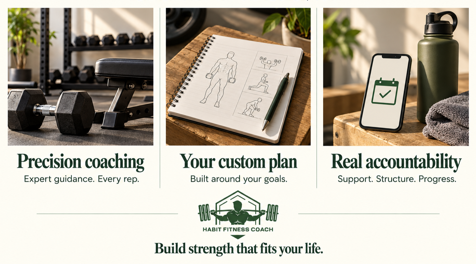 Three images showcasing fitness coaching. The first shows dumbbells and a workout bench, the second features a notebook with a male anatomy diagram and exercise sketches, and the third displays a smartphone with a calendar app, a water bottle, and a towel. Text highlights precision coaching, custom plans, and accountability for building strength.