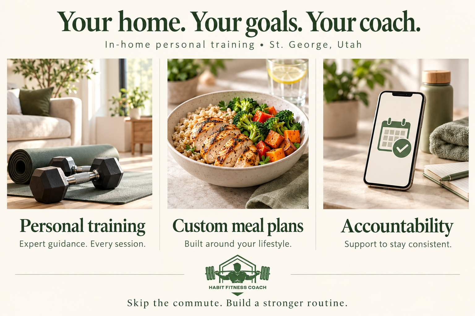 A promotional graphic for Habit Fitness Coach featuring three sections: a gym with weights and a yoga mat, a healthy meal with grilled chicken and vegetables, and a smartphone displaying a calendar with a checkmark. The text highlights personal training, custom meal plans, and accountability with expert guidance, lifestyle-focused meal plans, and support for consistency.