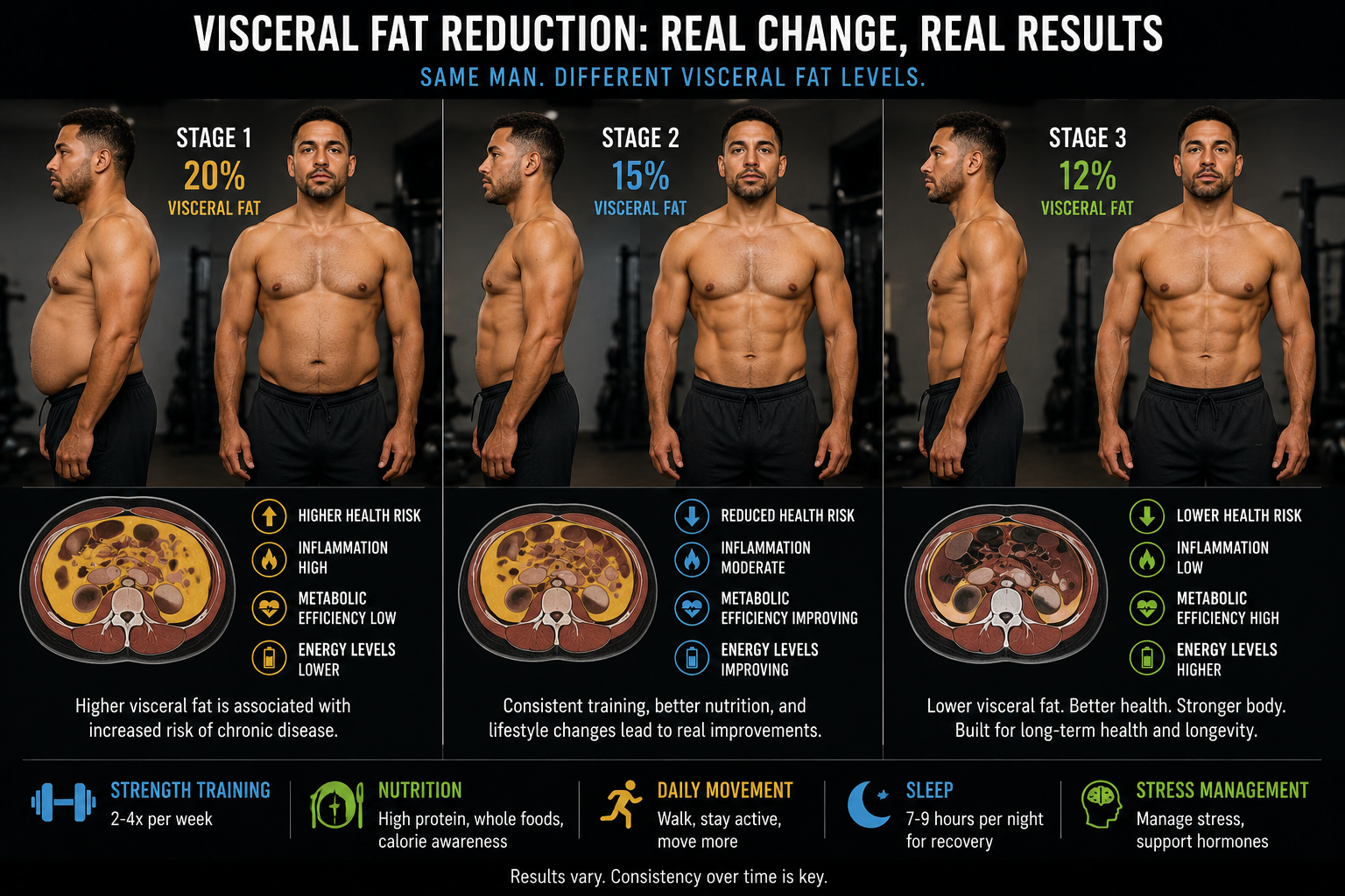 Mixed race men with 3 stages of visceral fat, 20%, 15%, then 12%. Showing health benefits at each stage..png