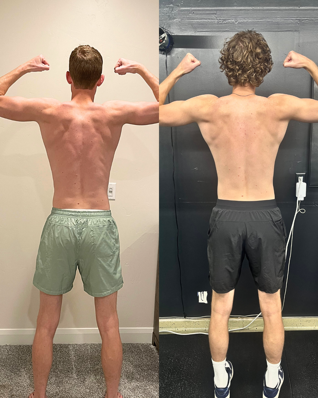Comparison of a man's back before and after workout or fitness transformation. The left side shows a leaner back with less muscle definition, while the right side shows a more muscular back with increased muscle mass and definition.
