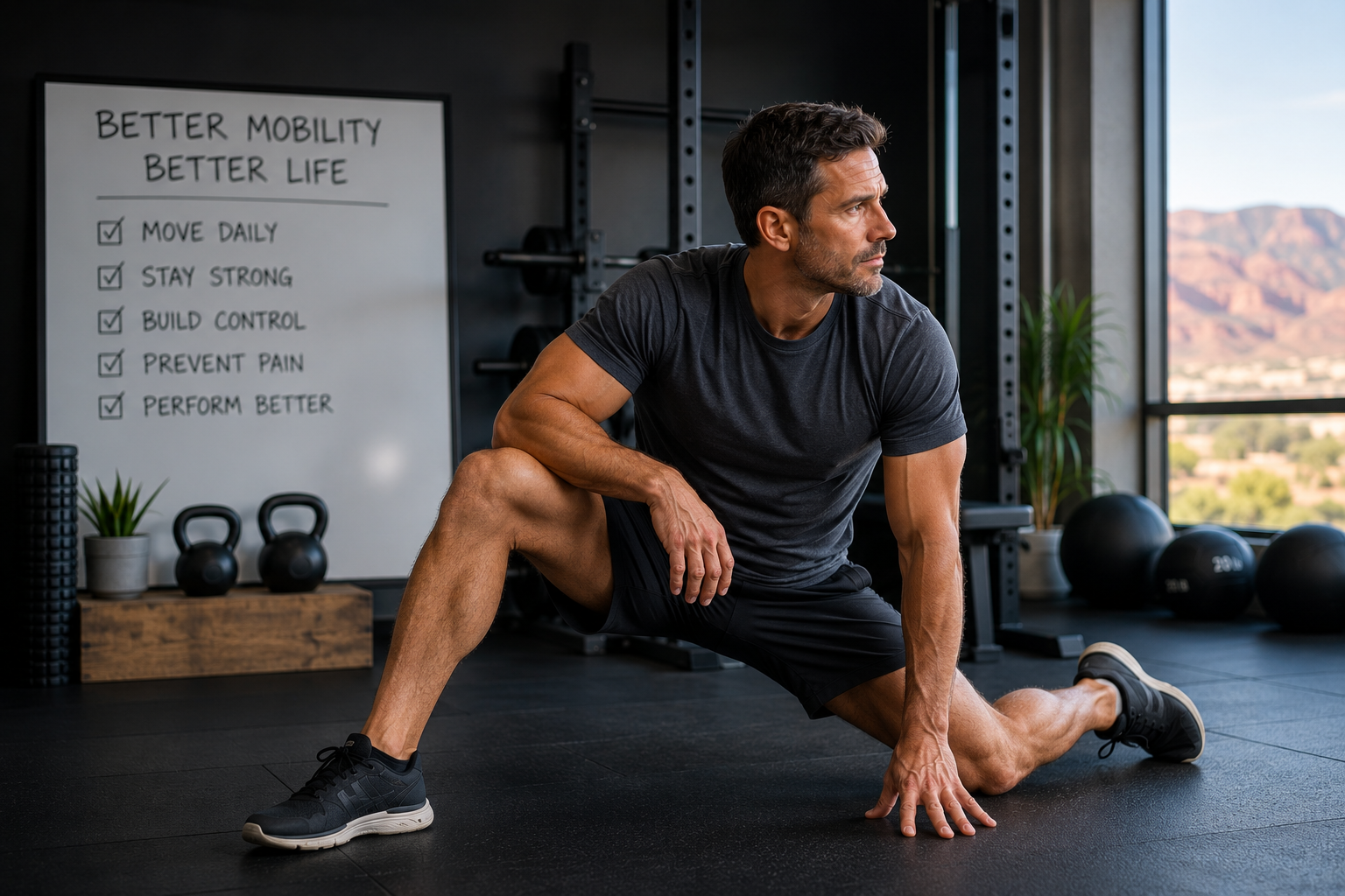 Healthy 40 year old man stretching in a gym..png
