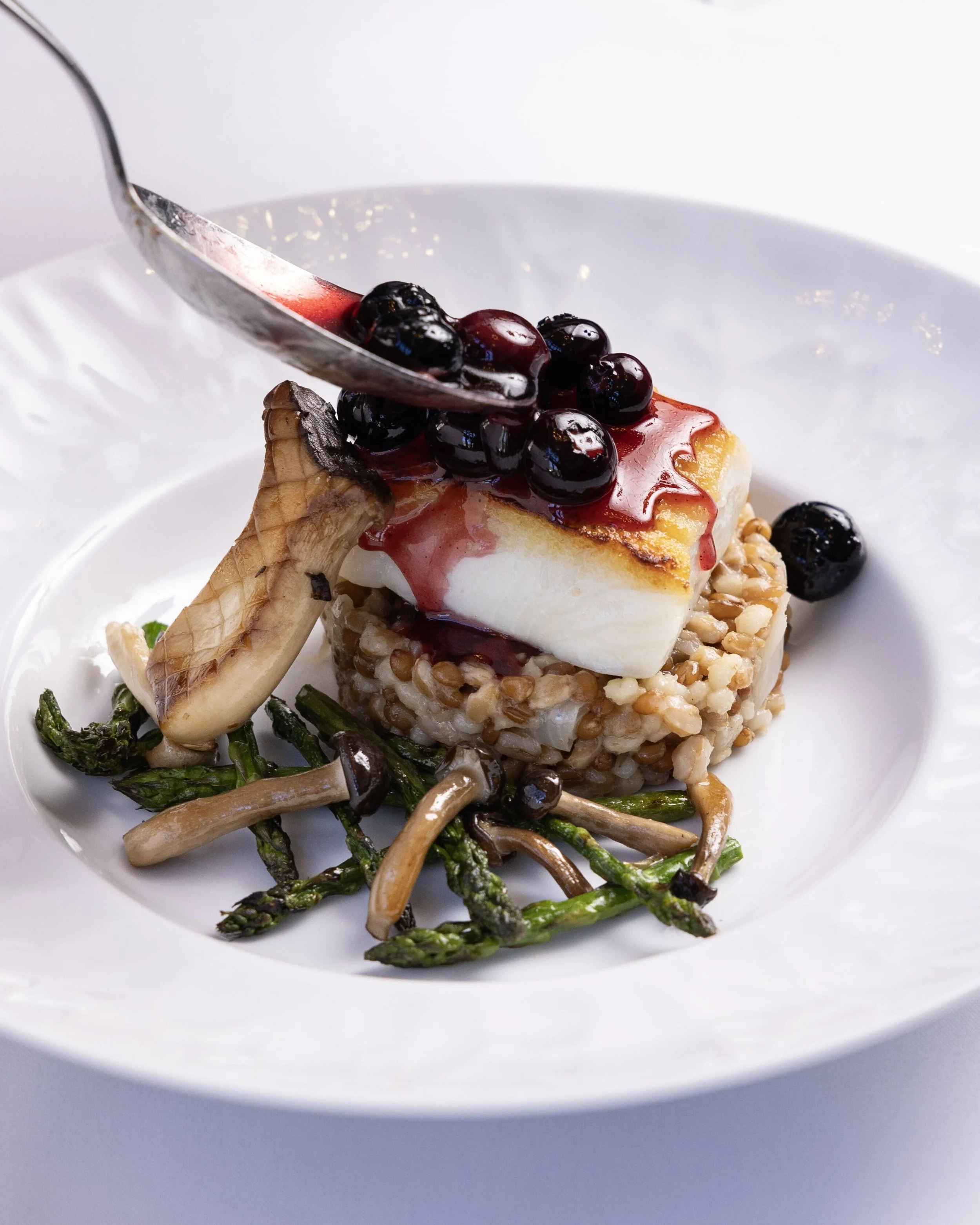 Chef Brian Walter 87 Sussex Halibut with blueberry beurre noisette
