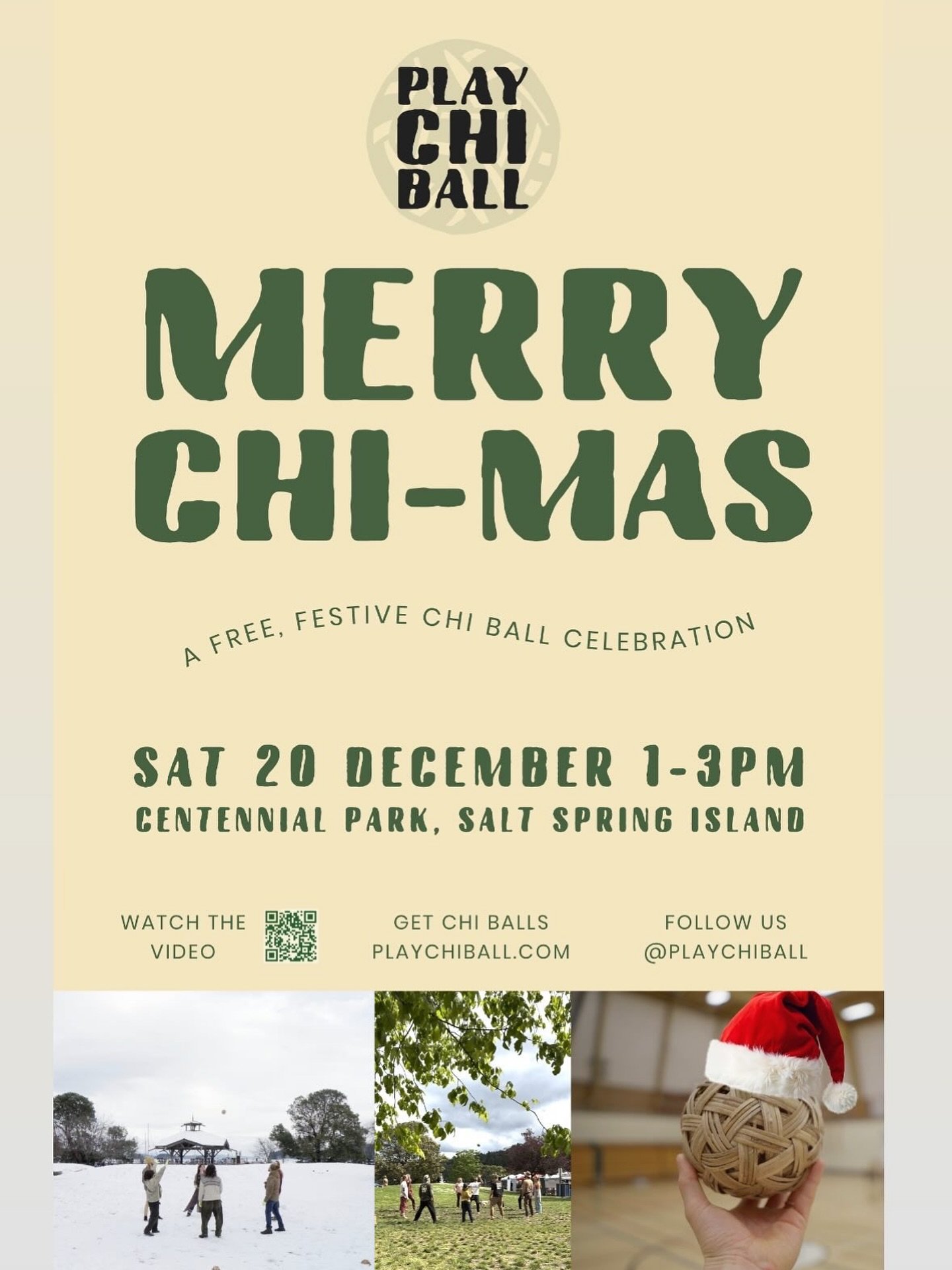 FREE EVENT THIS SATURDAY 

Play Chi Ball is hosting our annual Merry Chi-mas celebration!

A chance to get outside, move your body, and share some laughs with friends new and old over some Chi Ball.

Haven't played Chi Ball before? Now's your chance 