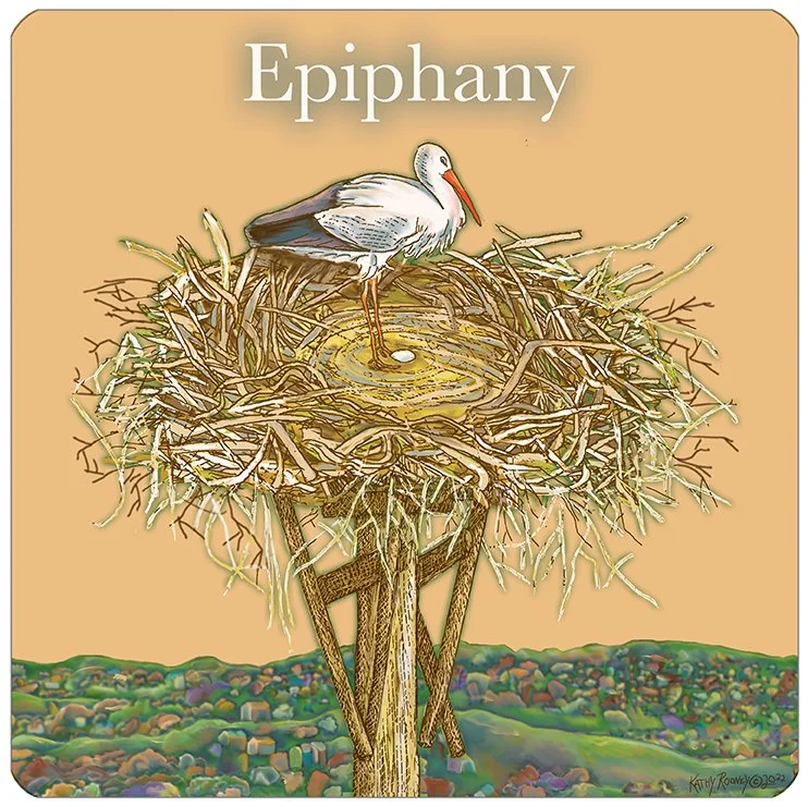 “Epiphany”, digital art. The storks nest reminds us to pause, become still, and allow insight and inspiration to emerge naturally. 