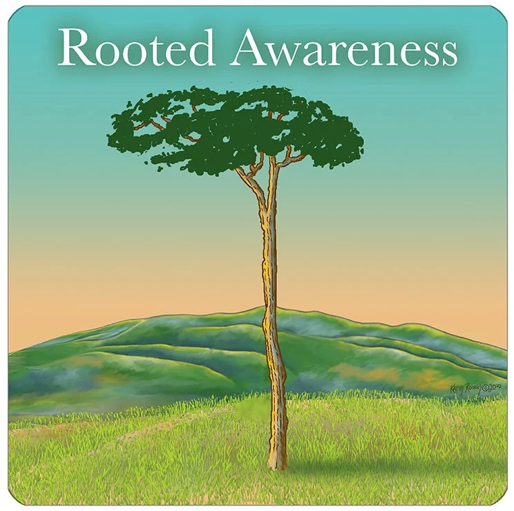 “Rooted Awareness”, digital art. The umbrella tree becomes a symbol of the relationship between body and mind. Its roots anchor the body firmly to the earth, while its branches reach outward and upward, suggesting the expansive nature of the mind.