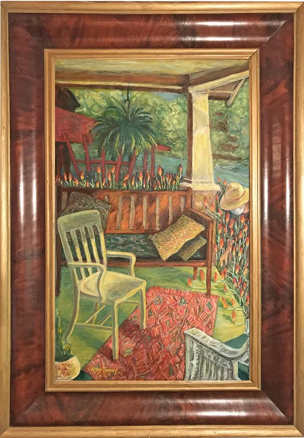 Torch Lilly Pandemic, oil on canvas; 29 1/2" w x 17 1/2" h, Antique Frame, 27" w x 38 2/4" h.