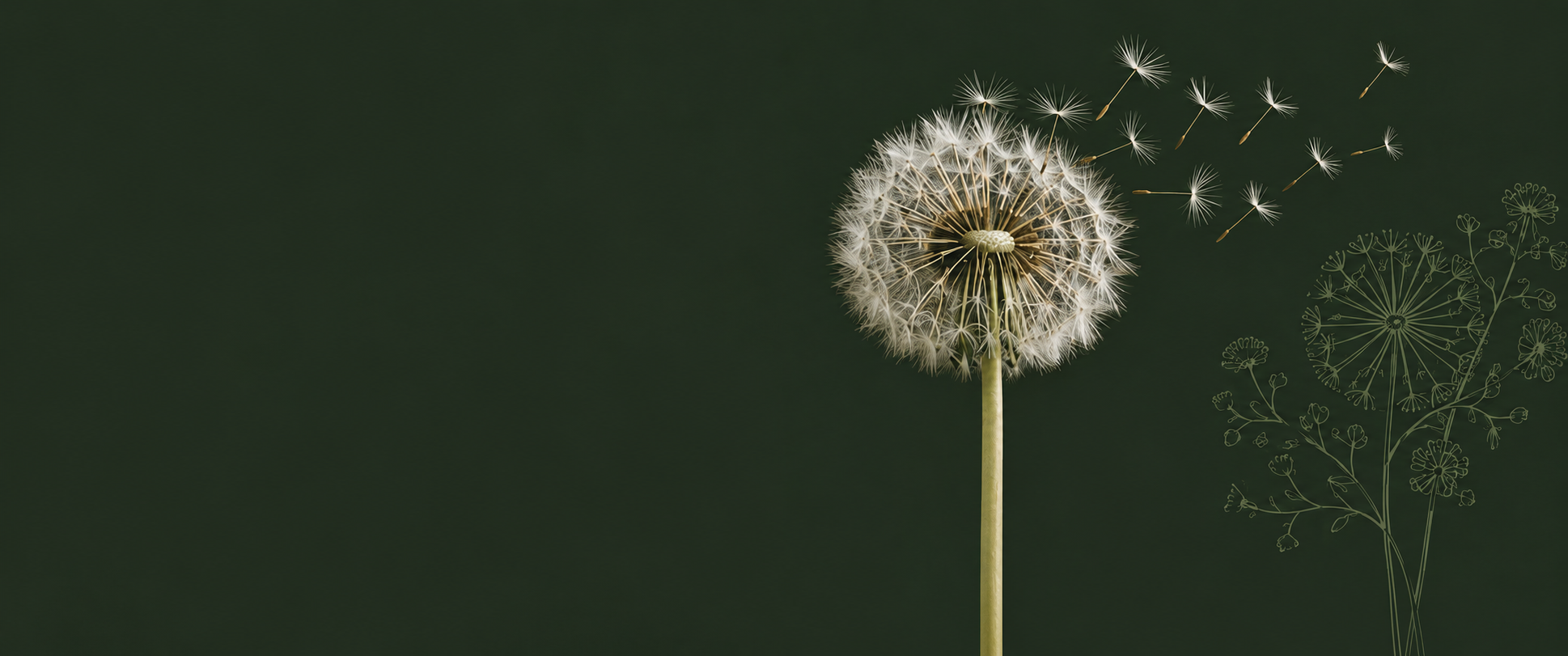 A close-up of a dandelion puffball with some seeds blowing away against a dark green background, with faint line drawings of additional dandelions on the right side.