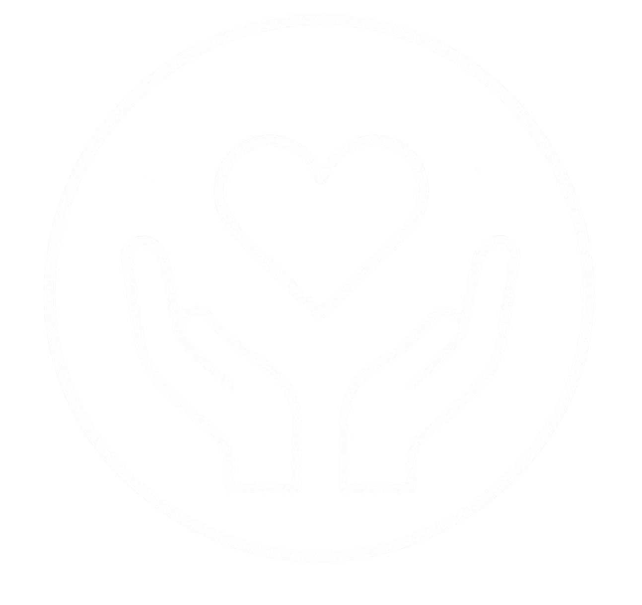 A circular logo with two hands forming a heart shape, encased within a circle. The design is in black and white and features a textured, grunge style.