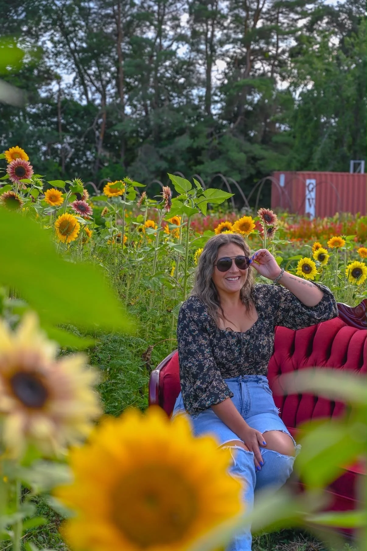 A woman with wavy hair, sunglasses, a floral top, and denim shorts, smiling and sitting on a red vintage sofa outdoors in a sunflower field with trees in the background.