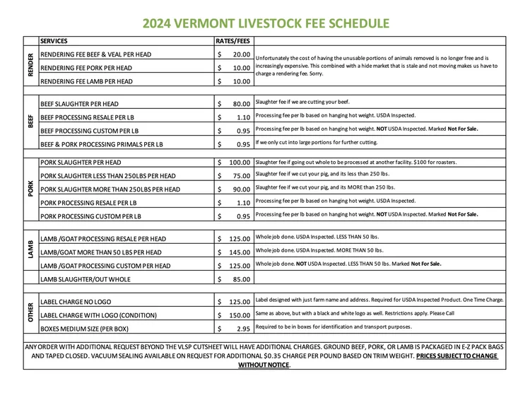 Rates — Vermont Livestock Slaughter & Processing