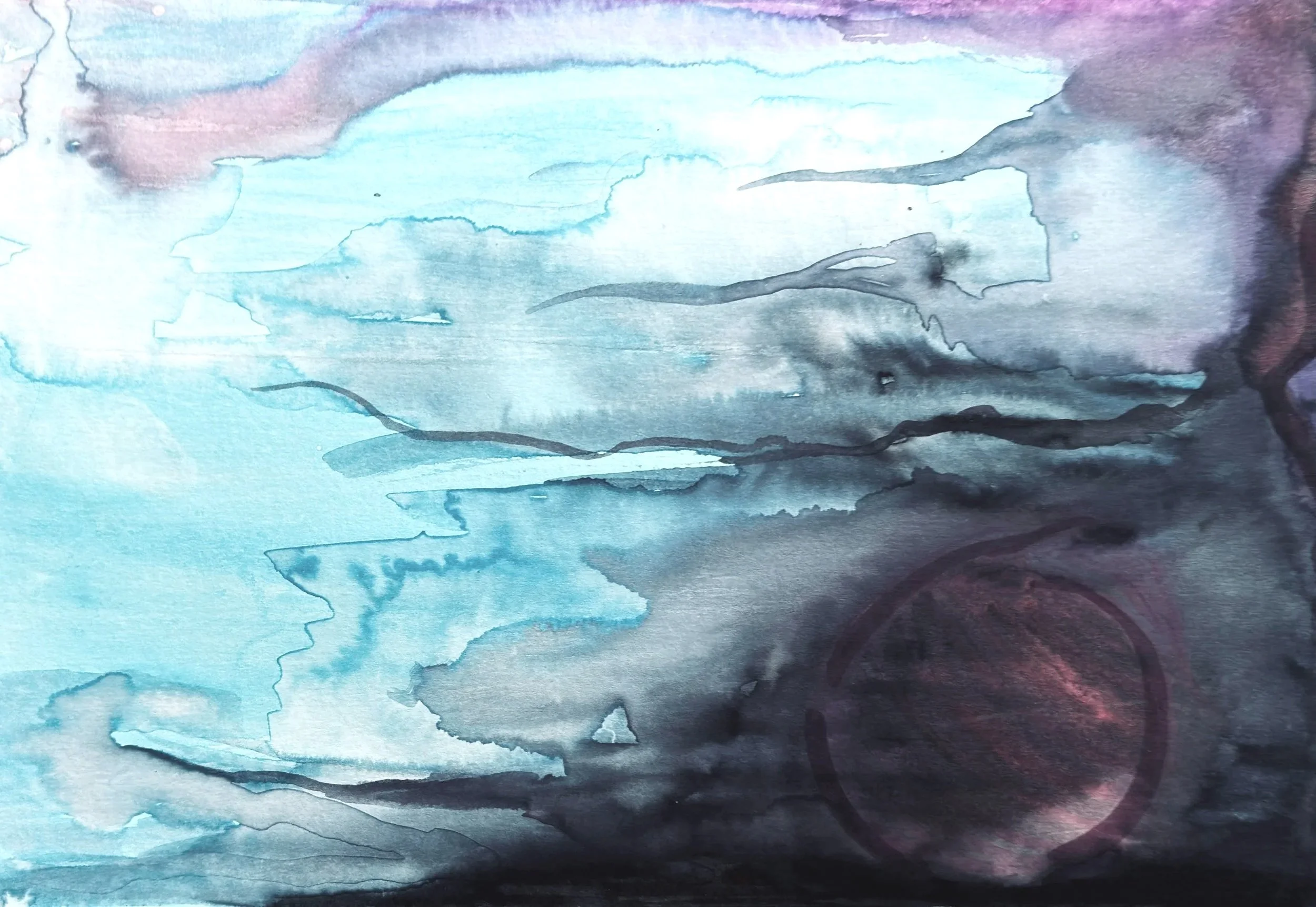 Abstract watercolor painting with shades of blue, black, and hints of purple.
