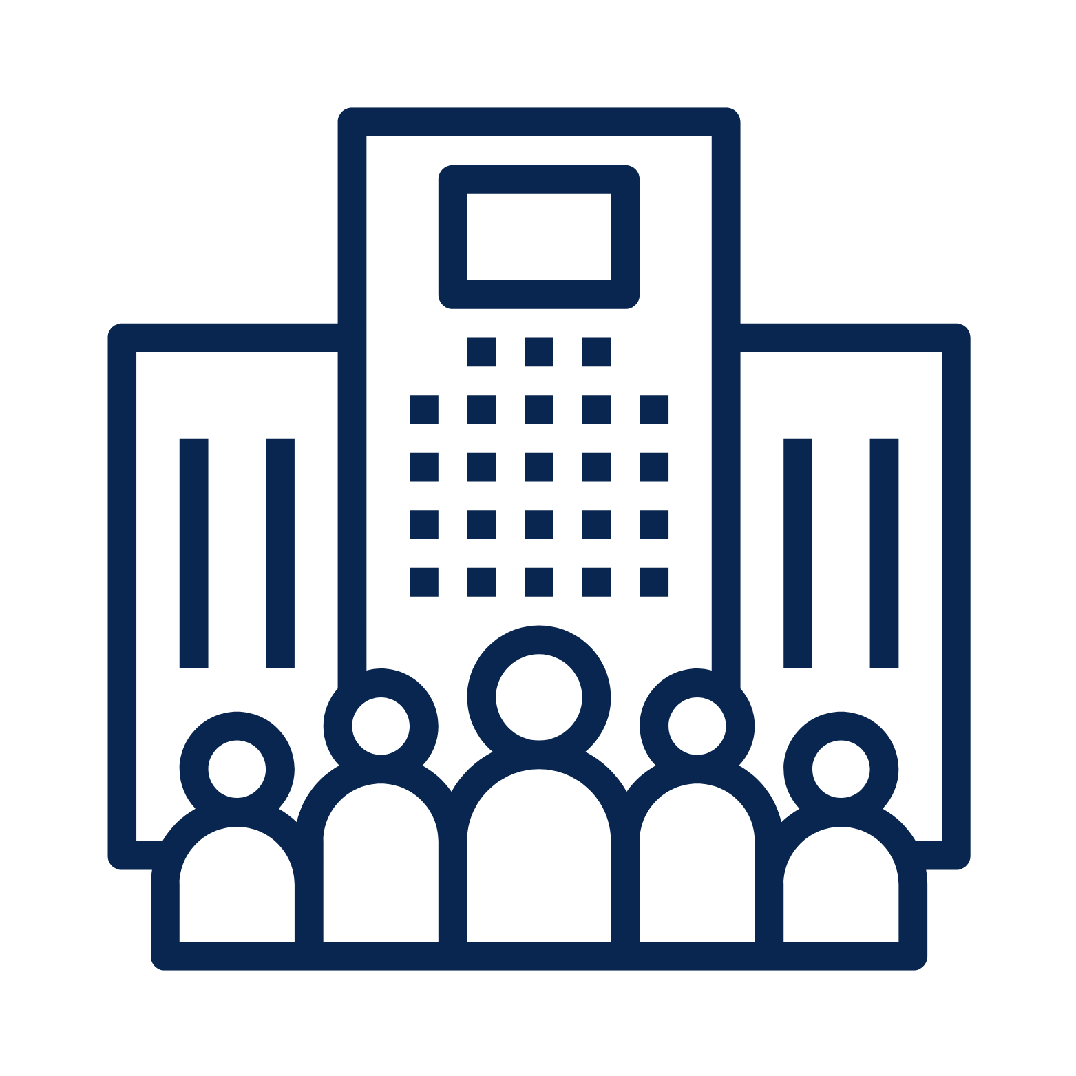 Icon of people in front of a building, representing collaboration or teamwork.