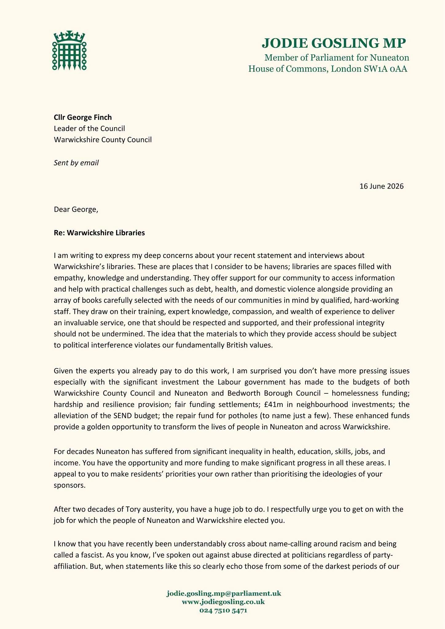 A letter from Jodie Gosling MP to the Leader of Warwickshire County Council