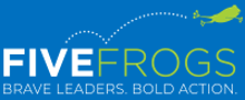 Logo for Five Frogs featuring blue and green text with frog imagery and a swimming frog silhouette