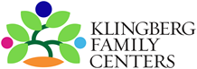 Logo for Klingberg Family Centers, featuring stylized green and blue trees with orange ground, and the organization's name alongside.