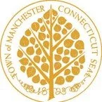 Seal of Manchester, Connecticut featuring a stylized tree with circular leaves and the text around it.