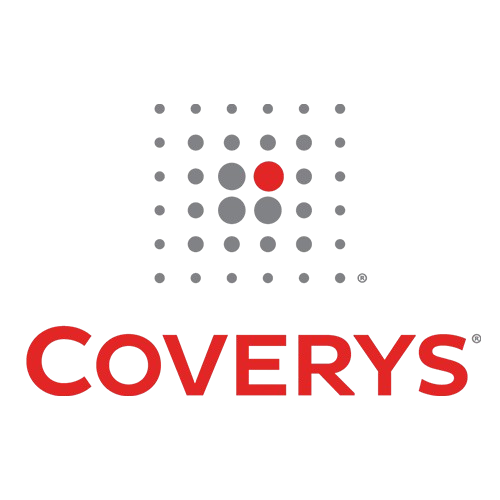 A digital graphic with a black background, featuring various gray and white lines and dots, some connected, and a large red word "COVERYS" at the bottom.