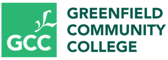 Greenfield Community College logo with green and black text and emblem.