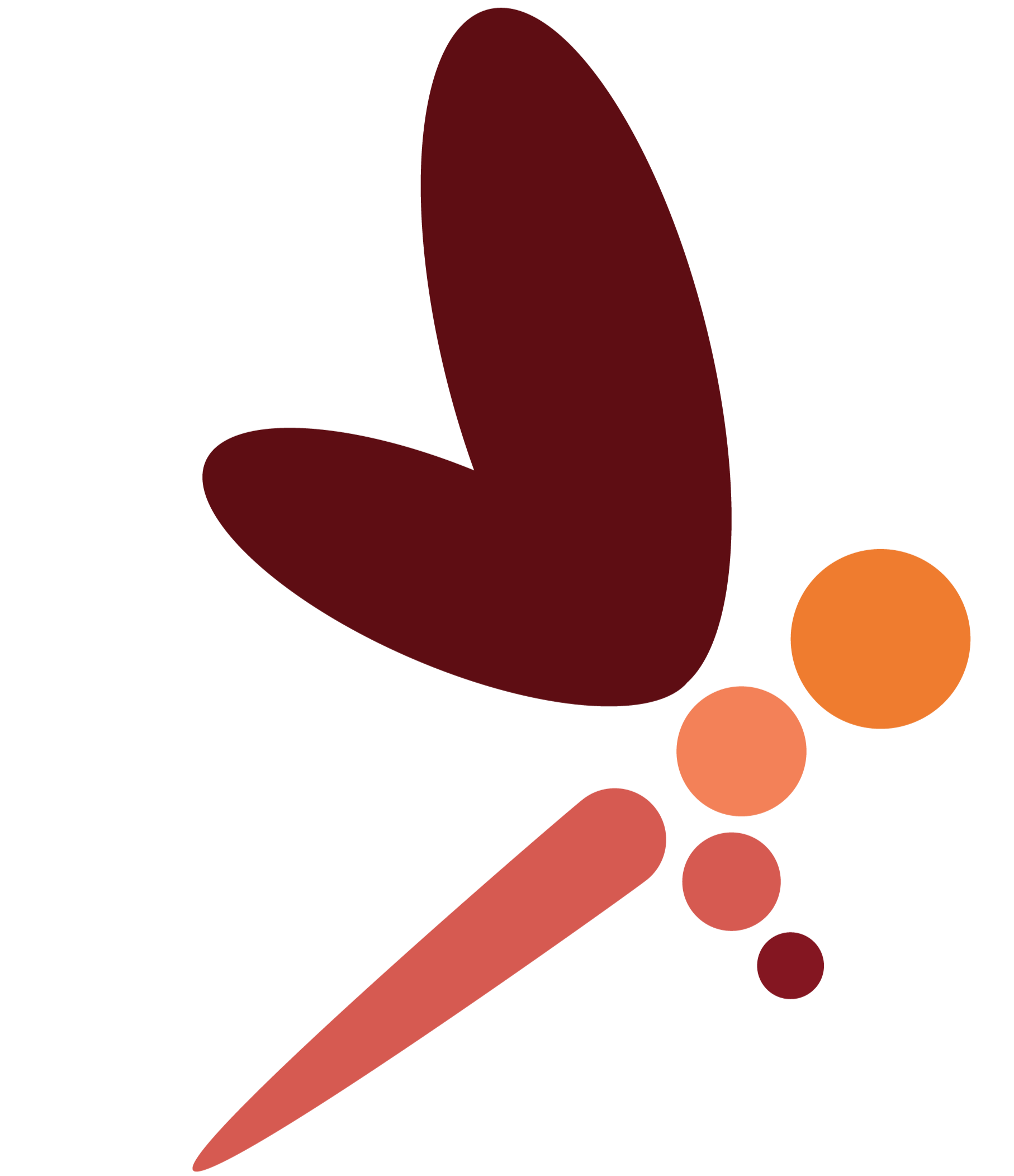 Stylized dragonfly with dark red wings and orange and red circles as decoration.