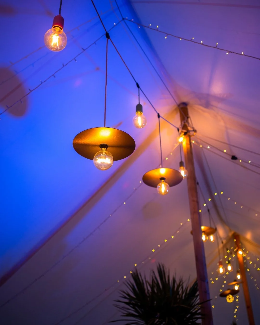 Indoor edison bulb string lighting illuminating a warm glow in a traditional pole marquee