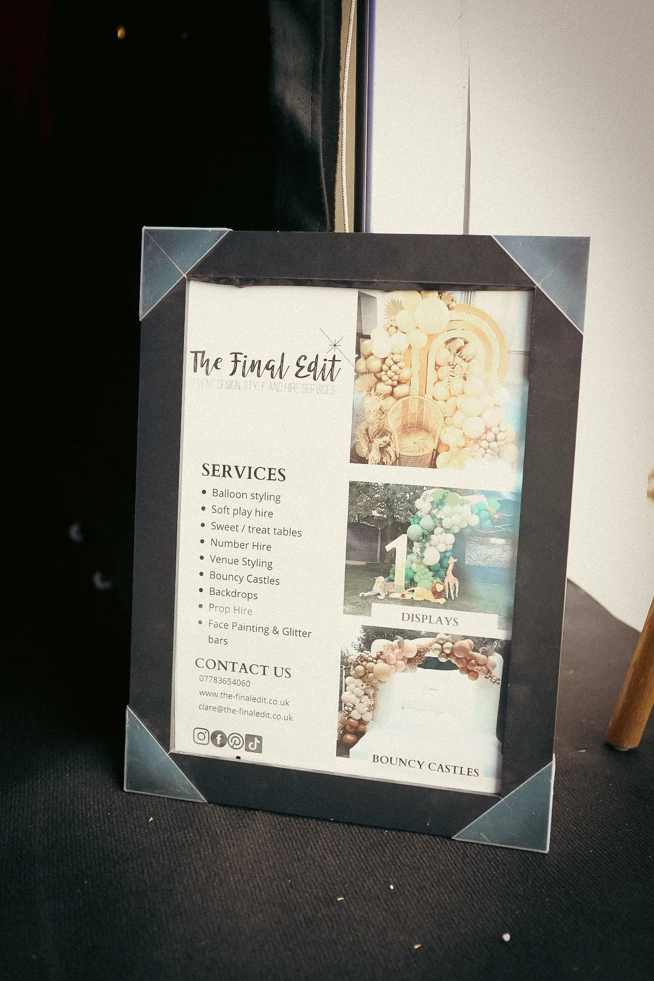 Framed The Final Edit event design and hire services flyer featuring balloon displays and bouncy castles.