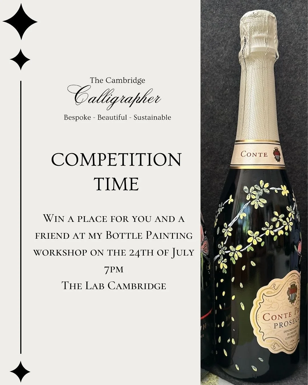 GIVEAWAY

Win a space for you and a friend at my new Fizz Bottle Painting Workshop @thelabcambridge.

Date: 24th July 2025
Time 7pm till 9pm

There will be Cocktails, paints, wax seals and lots of fun in a relaxed atmosphere!

This workshop is aimed 