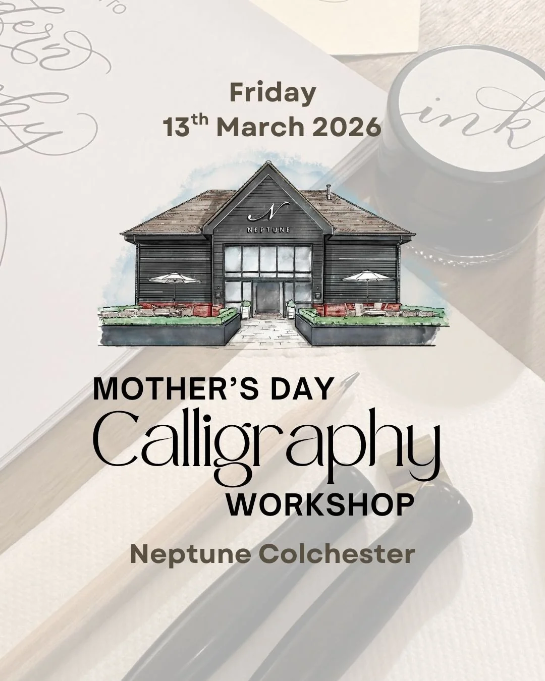 Mother&rsquo;s Day Calligraphy - Neptune Colchester

🌸Date : 13th of March 2026
🌸10:30am for 2.5hrs of bliss.
🌸fizz, hot drinks and nibbles included! 
🌸&pound;65 per attendee

LINK IN BIO TO BOOK. 

Come and enjoy this stunning experience in the 