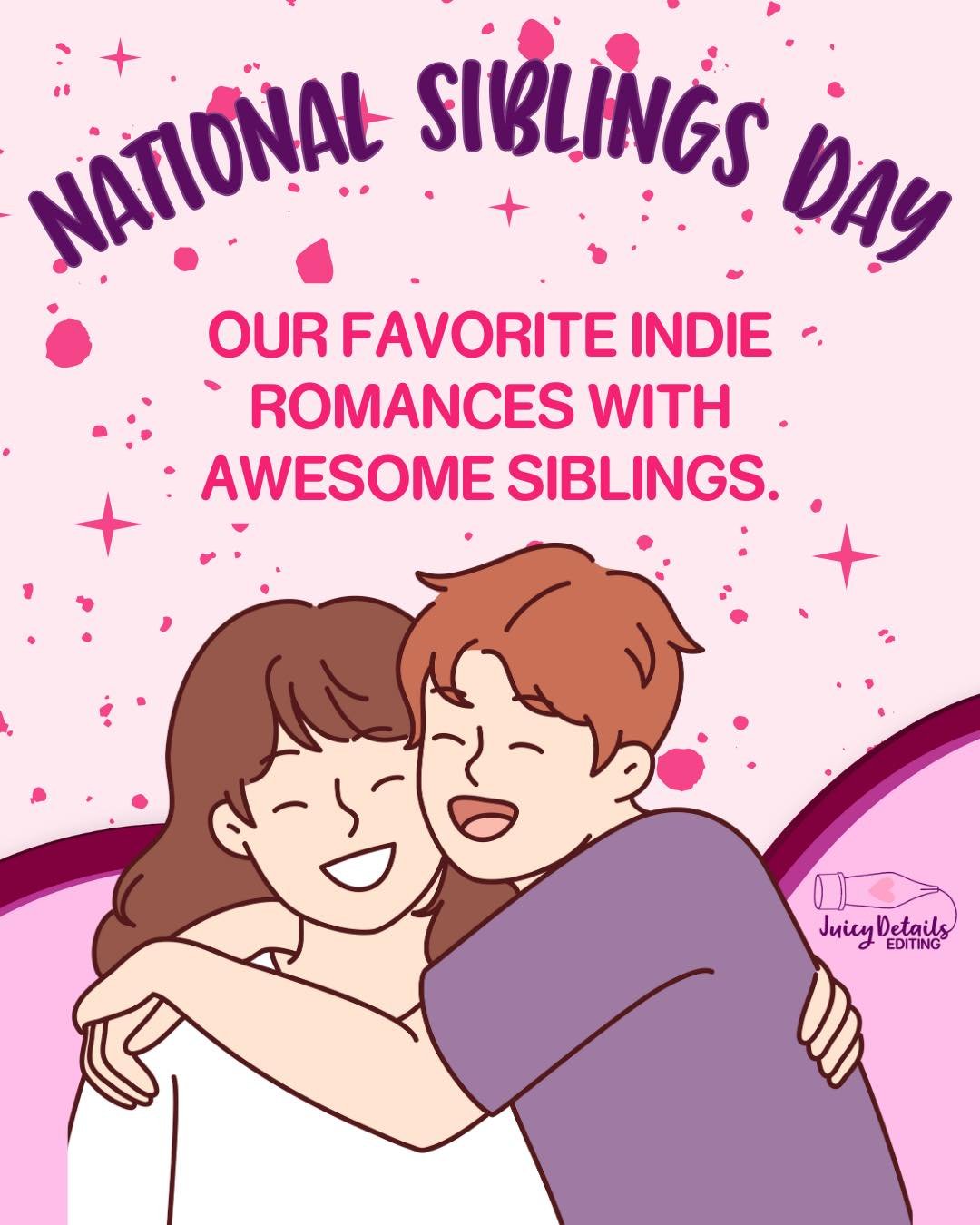 Editor Monica and Editor Maria are sisters and BFFs. We&rsquo;ve also got three other pretty great siblings, so you could say we&rsquo;re sibling-rich. Here are some of our favorite siblings in indie romance. 

[ID: all slides have a pink background 