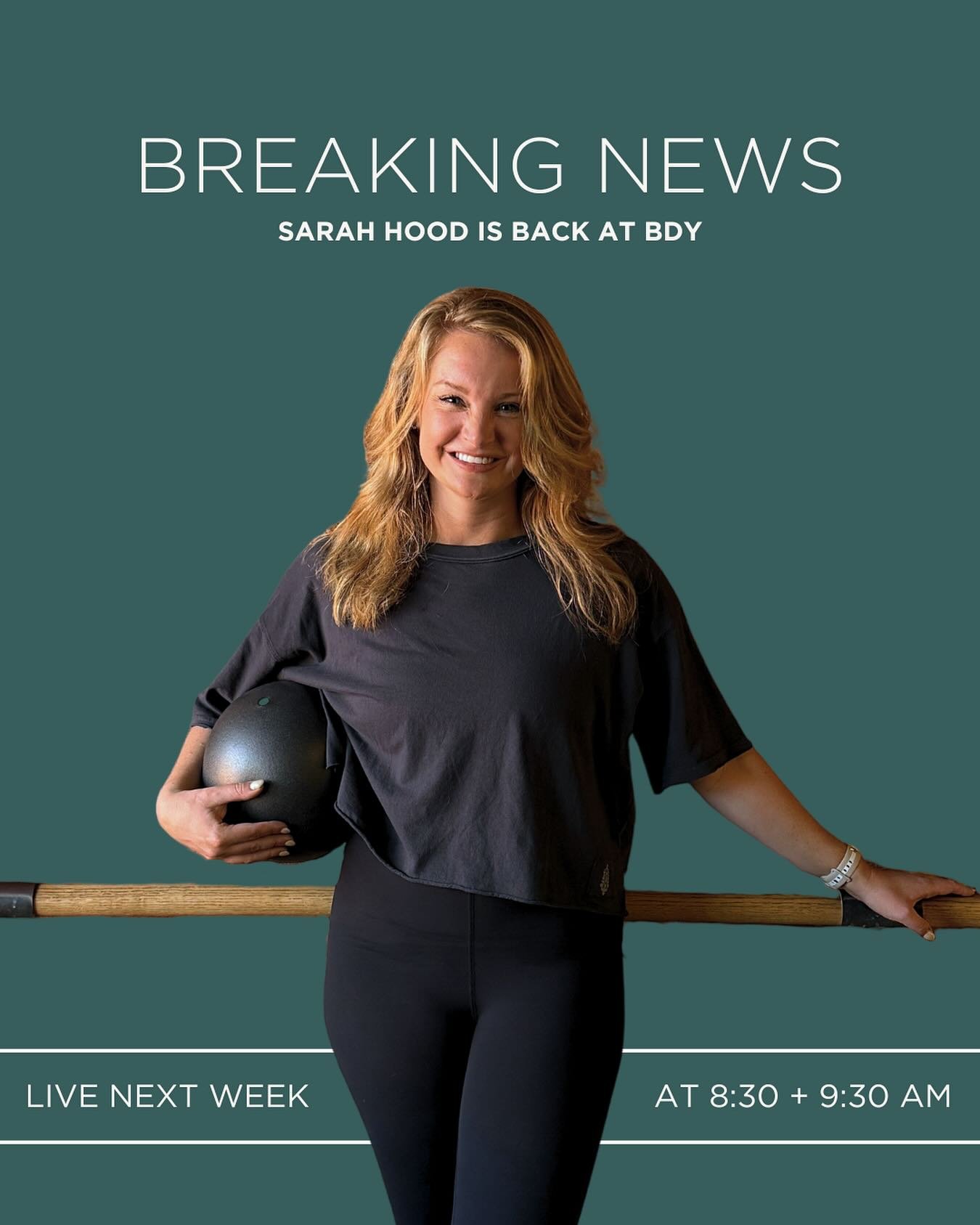 BREAKING NEWS! Sarah Hood is rejoining the BDY TEAM! 

Sarah is a certified yoga, barre, cycling, and now mat and reformer Pilates instructor. 

After pursuing a career as a local television journalist and becoming an Emmy award winner for her work, 