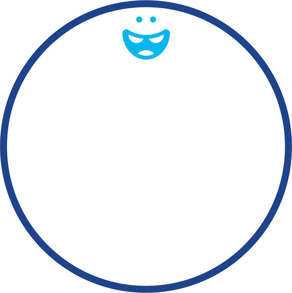 Smile face with open mouth and toothy grin at the top of a circular white background with a blue border.