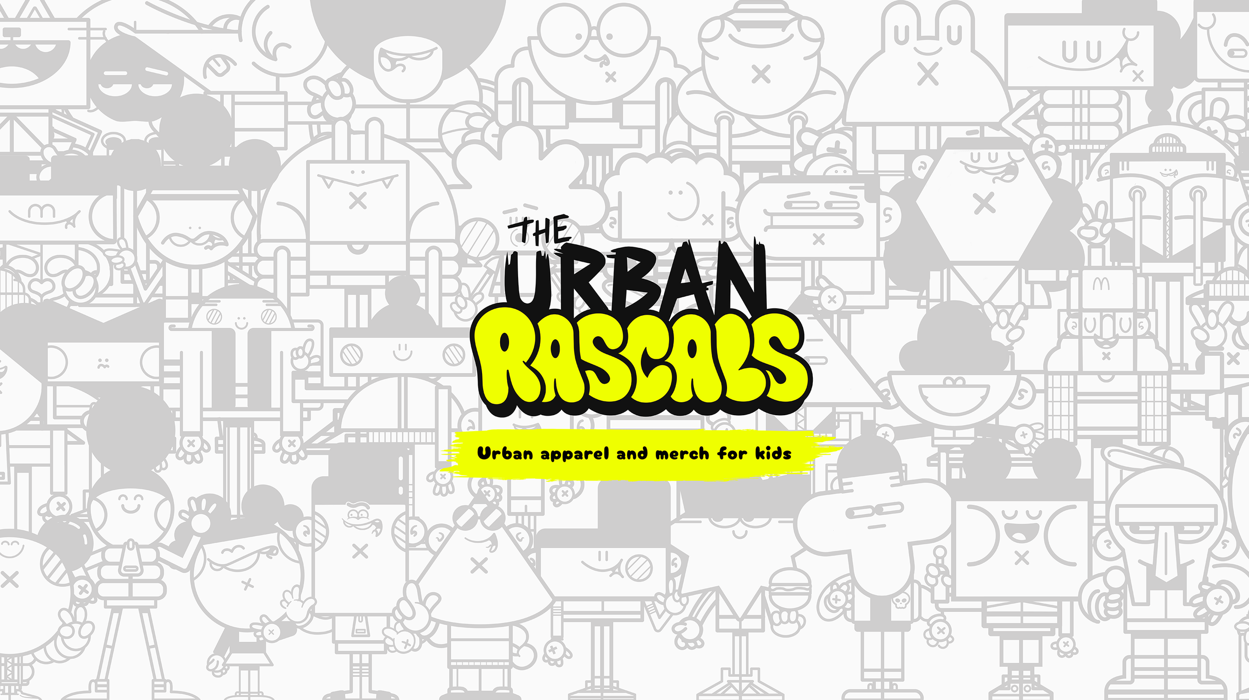 Colorful graphic background with cartoon-style characters and objects related to urban life, overlaid with the title 'The Urban Rascals' in black and yellow graffiti-style fonts, and a subtitle 'Urban apparel and merch for kids' in black on a yellow 