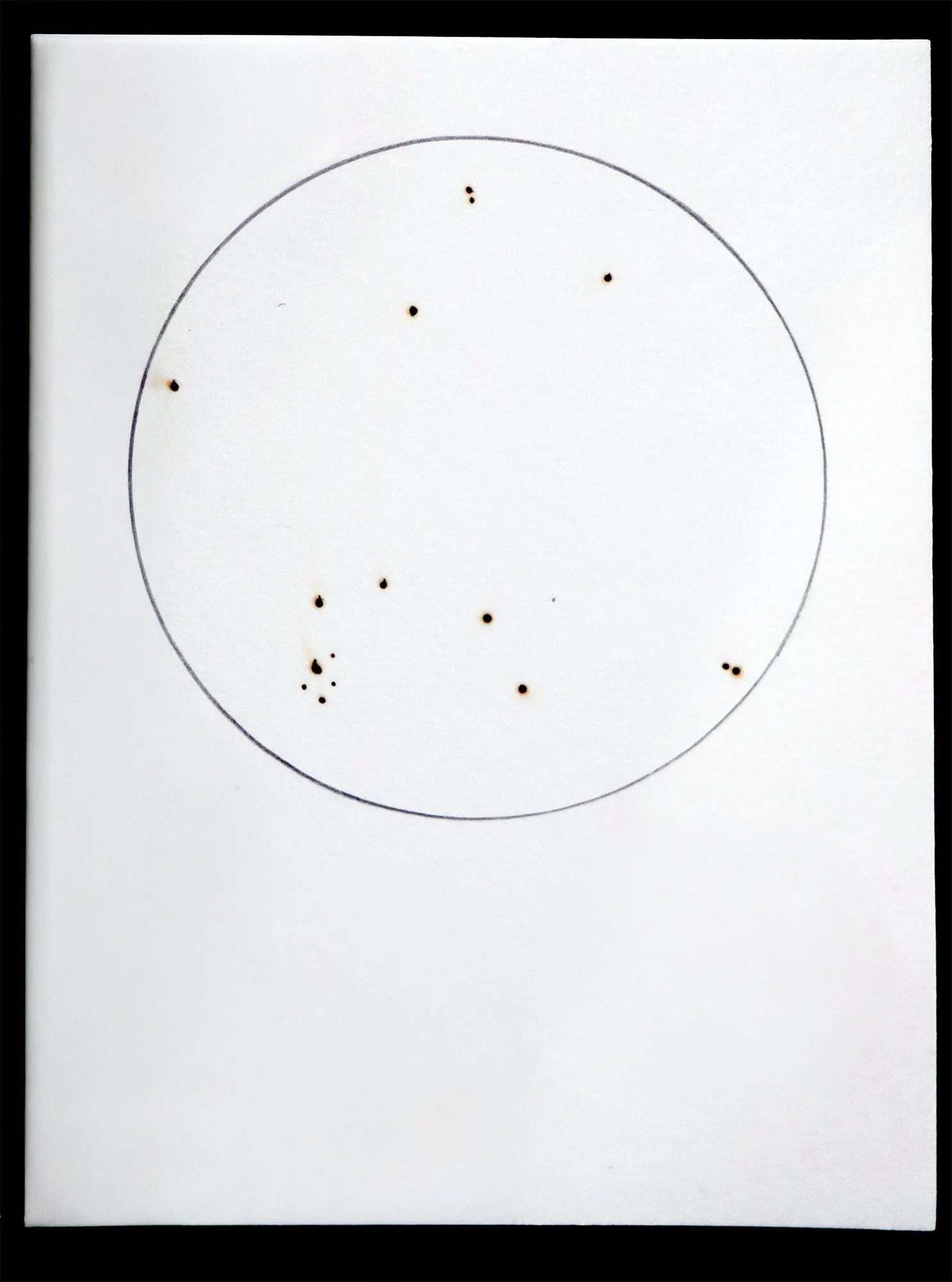 Star Map (2025)
Watercolor paper, graphite, scorch marks from starlight.

Sketch made by looking through a random view of the sky in Salstrom's back yard through his handmade 12.5" f/5 Newtonian Reflector telescope. Initially stars were marked in gra