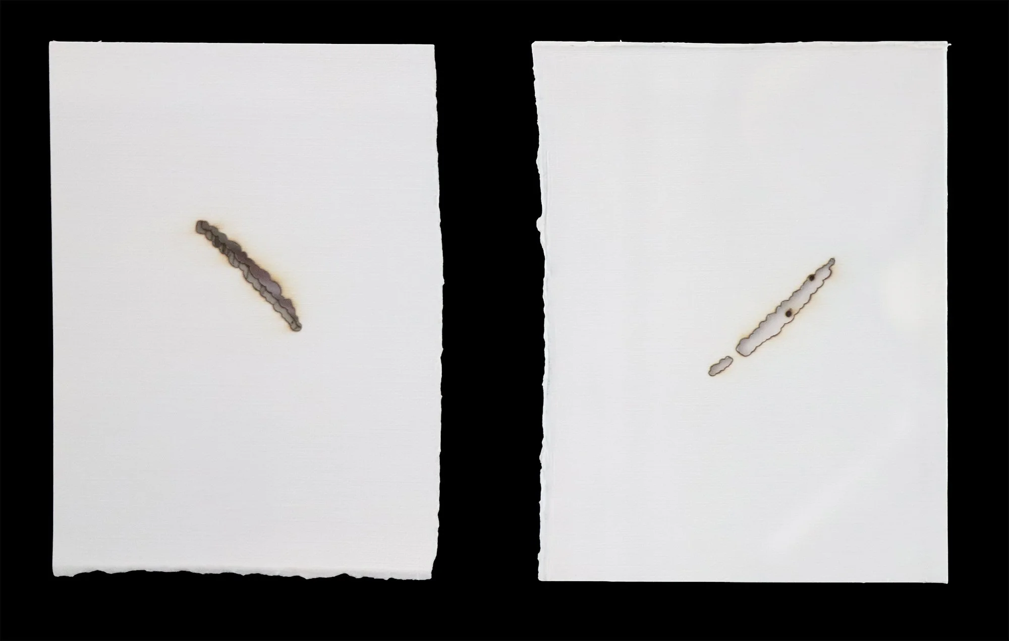 Starlight Drawings (2026)
Watercolor Paper, Mylar.
Paper burned by focused starlight (light of the sun) passing through a handmade spherical lens, marking the time and travel of the sun as it "moves" across the sky. Any gaps in the burning indicate c