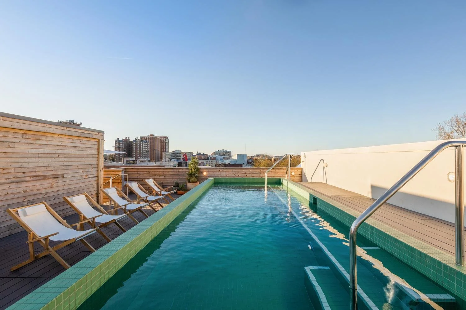 Rooftop swimming pool with city skyline in the background, wooden loungers along the side, and potted plants nearby on a clear day.