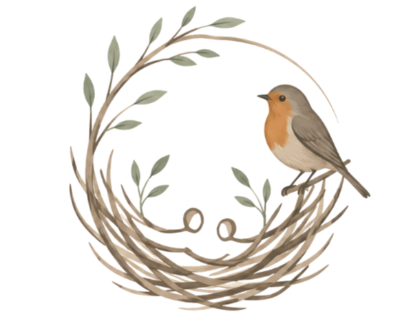 Illustration of a bird perched on a nest with green leaves and twigs.