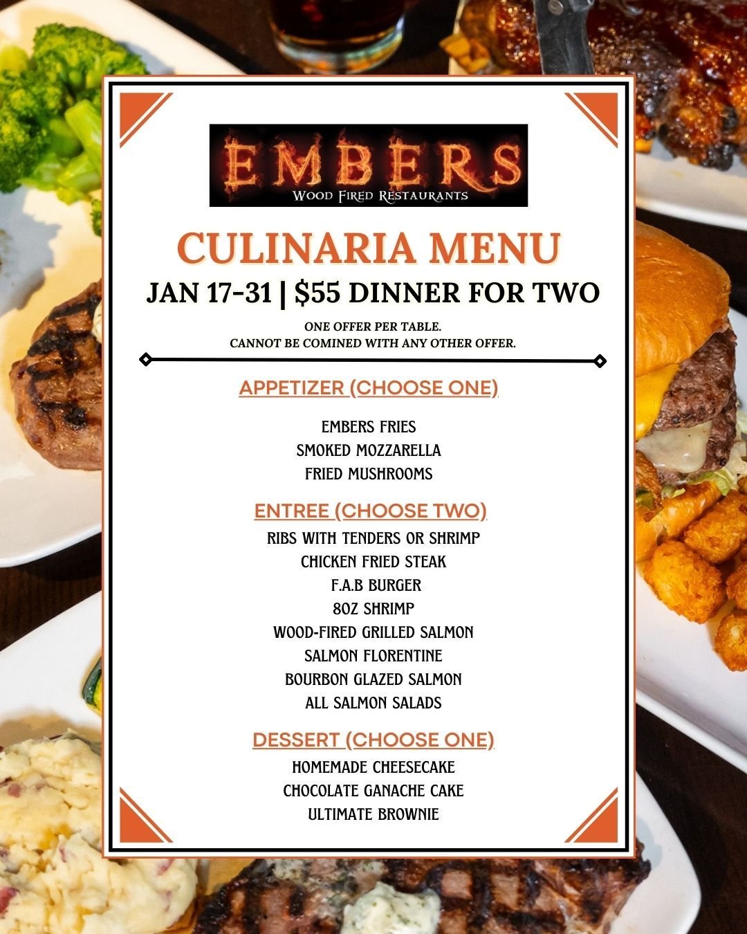 One more day for @CulinariaSA Restaurant Week! 🔥 Enjoy a full dinner for two for just $55 including one appetizer, two entr&eacute;es, and one dessert.

Come hungry and leave impressed at Embers.