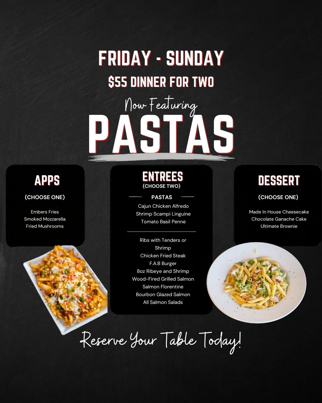 We added pasta to date night&hellip; because apparently we like making things better. 🍝🔥

The $55 Dinner for Two already hits with an appetizer, two entr&eacute;es, and dessert. Now you can also choose from Parmesan Shrimp Pasta, Hot Italian Pasta,