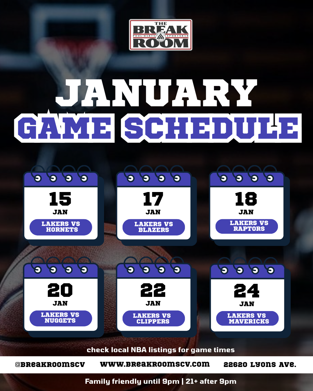 Monthly basketball game schedule for January displayed with dates and matchups, featuring Lakers, Spurs, Pelicans, Bucks, Kings, and Hawks, on a background of a basketball hoop and a ball.
