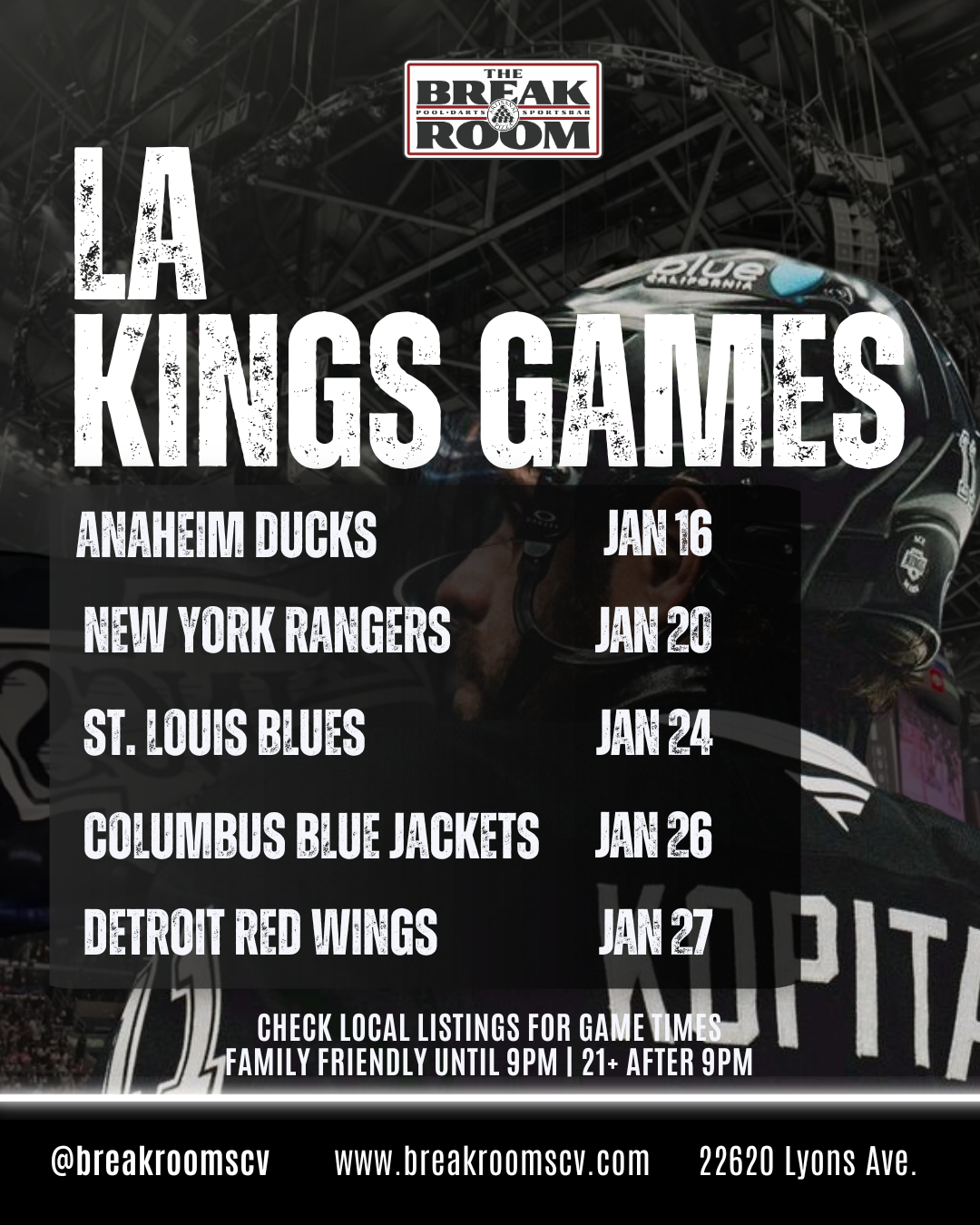 Schedule of LA Kings hockey games at The Break Room, listing opponents and dates from January 5 to January 12.
