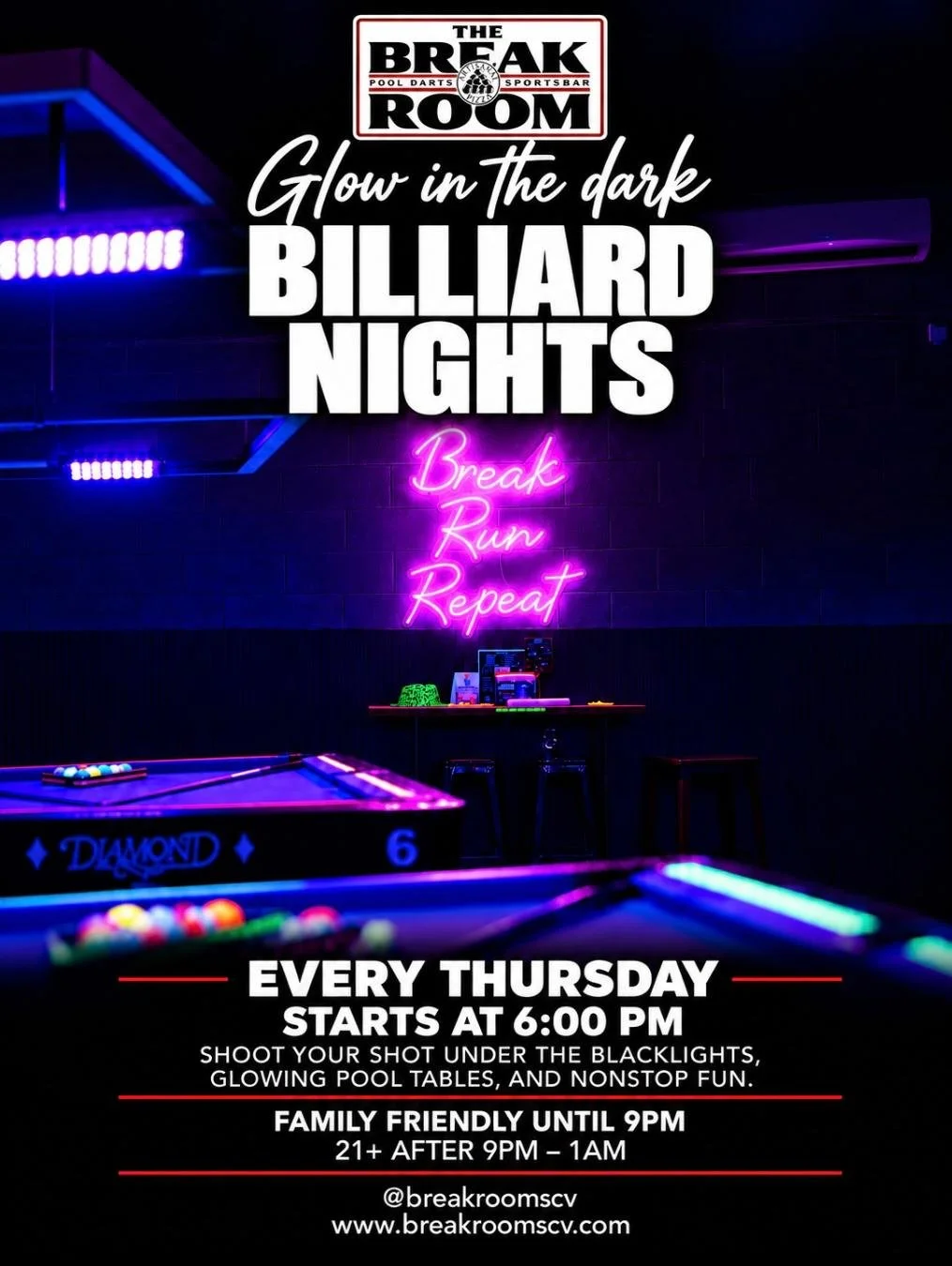 Flyer for "Billiards & Glow Nights" at The Break Room, featuring neon colors, two stylishly dressed individuals, and event details for Thursday evenings. Contact: breakroomscv.com.