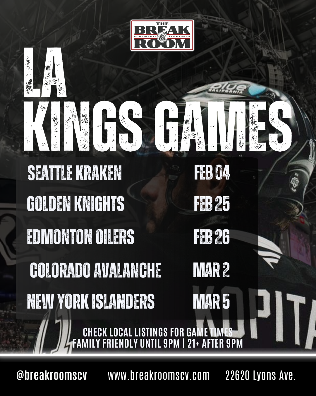 Schedule of LA Kings hockey games at The Break Room, listing opponents and dates from January 5 to January 12.