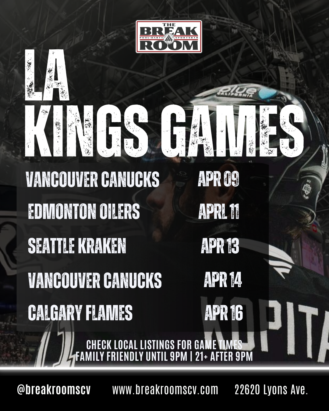 Schedule of LA Kings hockey games at The Break Room, listing opponents and dates from January 5 to January 12.